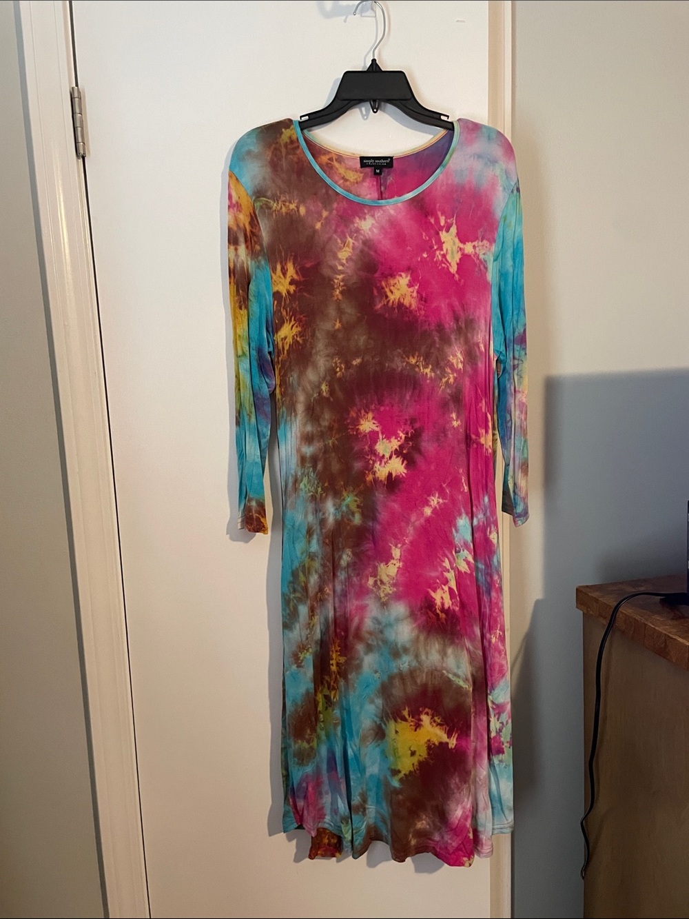 Simply Southern Tie-Dye Long Sleeve Dress in Pink, Aqua, Brown & Yellow